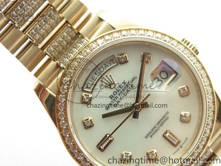 AAA Replica Watches on President A 2689 BP White ComfortFit Crystal Crystal Marker MOP RG Best Edition 128235 Dial Day-Date Bracelet RG 36mm 1218